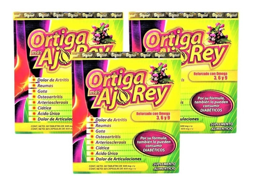 Imagen 1 de 9 de Ortiga Mas Ajo Rey Con Omega 3 6 9 Original (3 Cajas) Full