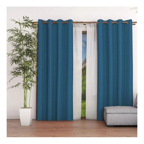 Set De Cortinas Rustica 8 Piezas Modelo Tábatha Argollas Color Azul Petróleo