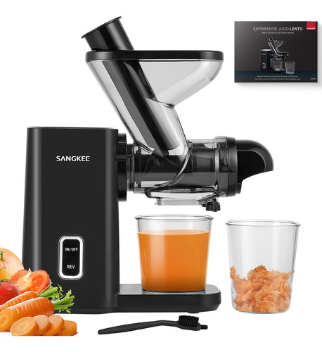 Sangkee Extractor De Jugos, Exprimidor Multiusos Lento De Prensado En Frío Para Frutas Y Verduras Cítricos, Zanahorias Y Apio,con Función Inversa Y Fácil Limpieza Con Cepillo