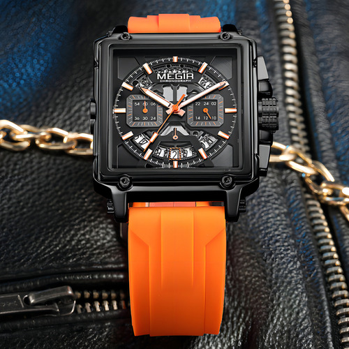 Reloj Cronógrafo Luminoso De Silicona Megir 2233g Color De La Correa Naranja