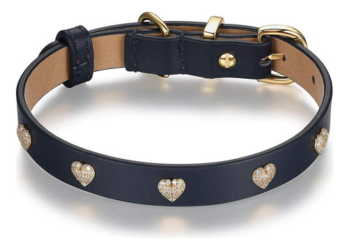 Scamper & Co Collar Perro Cuero Genuino Tachuelas Corazon Navy Corazones Xs