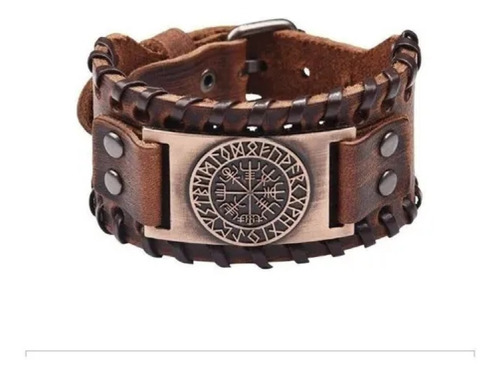 Pulsera Cuero Café Varonil Vikingo Vegvisir