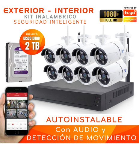 Kit 8 Cámaras Inalámbricas Full Hd Audio Y Alarma-disco 2 Tb