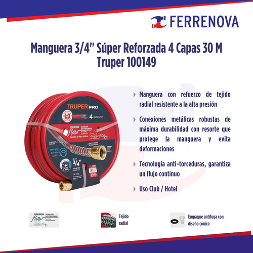 Manguera 3/4 Supér Reforzada 4 Capas 30m Truper 100149