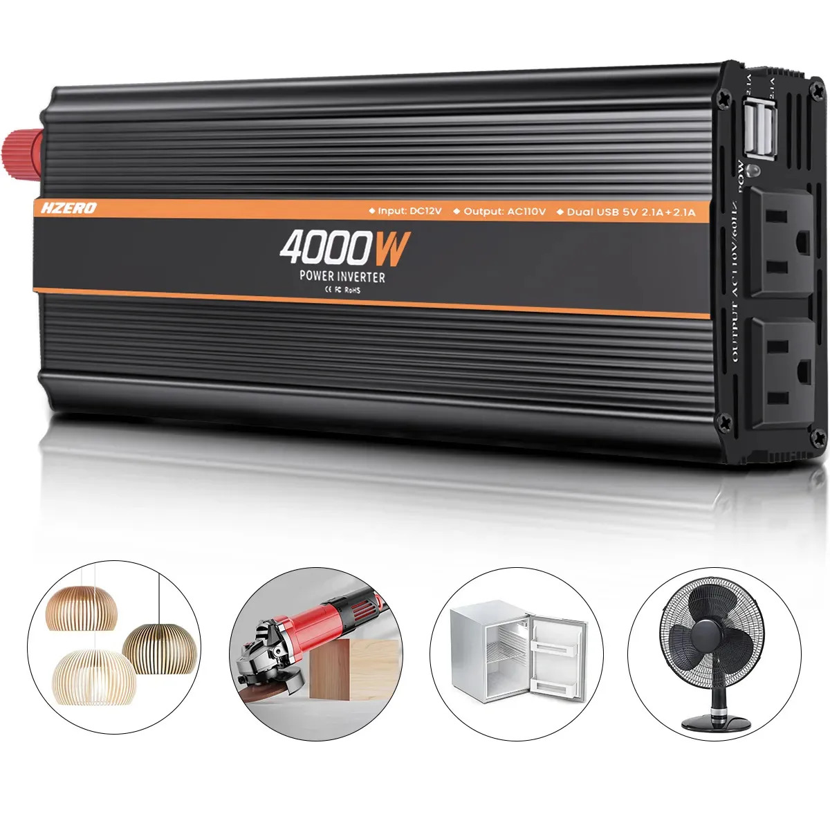 Hzero Convertidor Inversor De Corriente 4000W 12v-110v Para Herramientas Eléctricas Feria Exterior, Transformador Portatil 2 AC+ 2 USB, Protección Eléctrica Múltiple