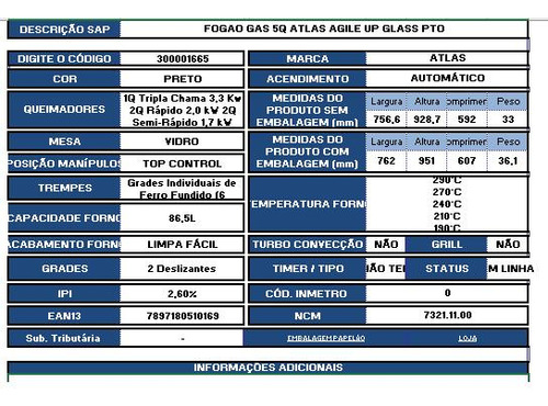 Fogão 5 Q Piso Automático Com Mesa De Vidro - Atlas Ágile Up