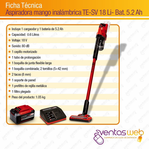 Imagen 9 de 10 de Aspiradora Inalambrica Vertical Einhell Mano Bateria 5,2 Amp