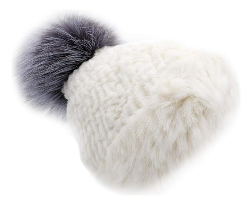 Long Haired Rabbit Textile Knit Beanie With Fox Fur Pom - Sk