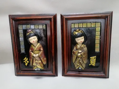 Cuadro Japonés Antiguo En Madera Y Ceramica Al Oleo Relieve (Usado)
