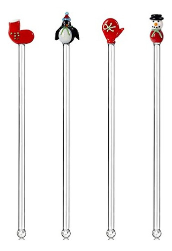 Palillo De Cristal Navideño Para Cócteles, 4 Piezas, Tamaño