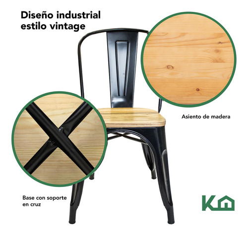 Silla Tolix Negro Mate Con Asiento De Madera Estructura Metálica Minimalista Exterior Interior Comoda Ergonomica Resistente Kingshouse