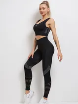 Comprar Conjunto Deportivo Lycra Tiro Alto + Crop Top Negro Ref 5070