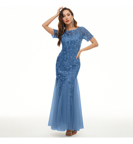 Sequined Embroidered Short Sleeved Fit Dress Fishtail Dress