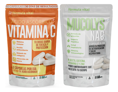 Pack X2 Vitamina C Mucolys Nac 60 Cápsulas Fórmula Vital Cc Sin Sabor