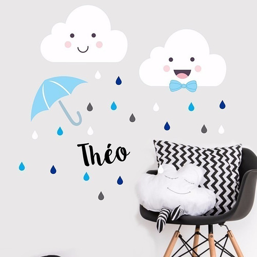 Adesivo Decoração Parede Quarto Infantil Nuvens Chuva Nome 