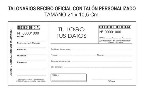 5 Talonarios Recibi, Recibo Oficial Con Talón + Tu Pulicidad