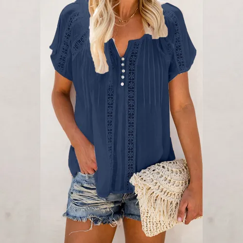 F Blusa Mujer Cuello V Encaje Crochet Ojales Corto 2001 F Blusa Mujer Cuello V Encaje Crochet Ojales Corto 2001