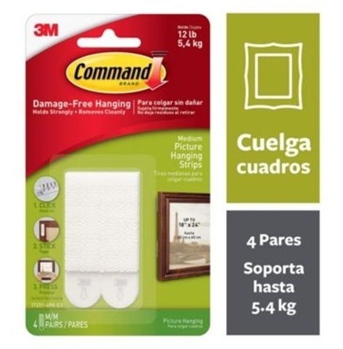 Tiras 3m P/ Colgar Cuadro Con Abrojo 5.4 Kg X 4 Pares Blanca