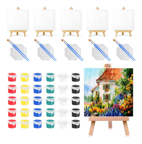 5pcs Mini Caballete De Con Lienzos,pinceles,paleta,pintura