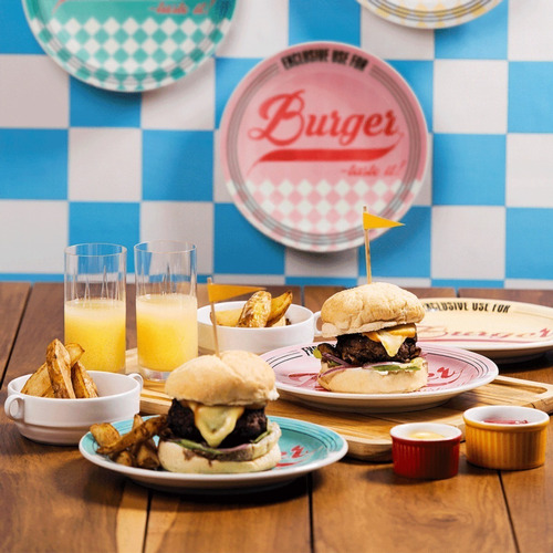 3 Pratos Jantar Burger Retro Coloridos Cerâmica Oxford