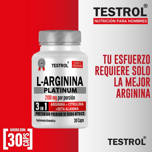 Imagen 5 de 5 de L-arginina Platinum 2100mg Testrol 3 In 1- 30 Cápsulas