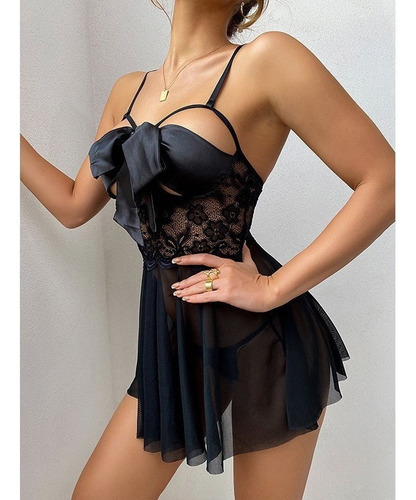 Conjunto De Seducción De Encaje Negro Ropa De Dormir Sexy De