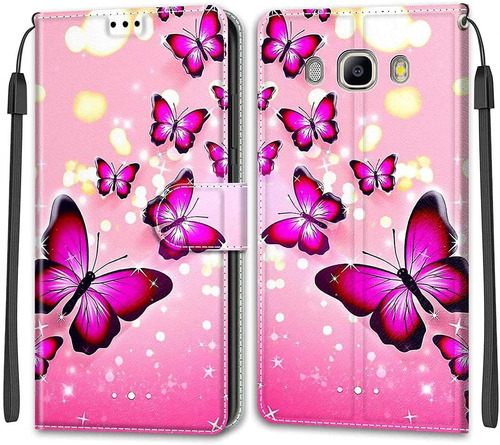 Para Galaxy J5 2016 Funda Billetera Rosa Mariposa, Muñeca Sq