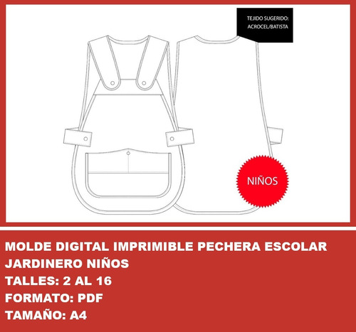 Molde Digital Imprimible Pechera Escolar Jardinero Niños 2x1