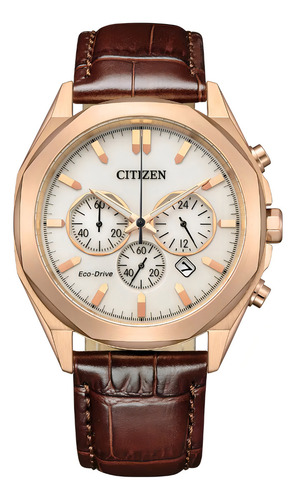 Reloj Citizen Hombre Ca4593-15a Correa Café Bisel Oro Risa Fondo Blanco