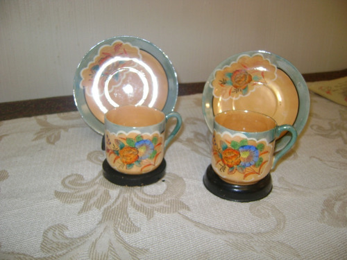 2 Tacitas De Cafe Porcelana Japon Brillo Iridiscente Metal 