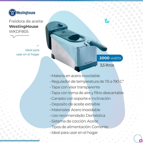 Imagen 2 de 9 de Freidora Westinghouse De Aceite 2000w 3.5lts. Wkdf805