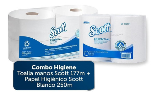 Combo Higiene: Toalla Manos Scott 177mts + Papel Higiénico 