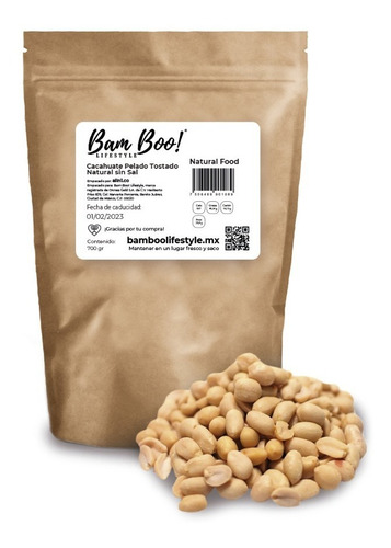 Imagen 1 de 5 de Cacahuate Pelado Tostado Natural Sin Sal 700 Gr. Bam Boo!