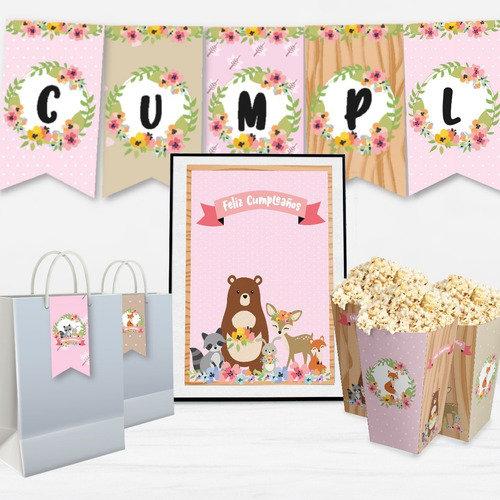 Kit Imprimible Animales Del Bosque Rosa, Candy Bar. Editable