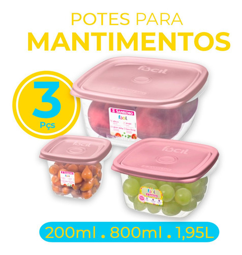 Kit 3 Potes Quadrados Com Tampa Cor Rosa 200ml 800ml 1,95l