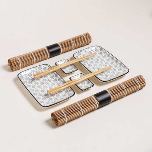 Set Para Sushi De Ceramica Para Dos Personas Ideal Verde Gris Floreado