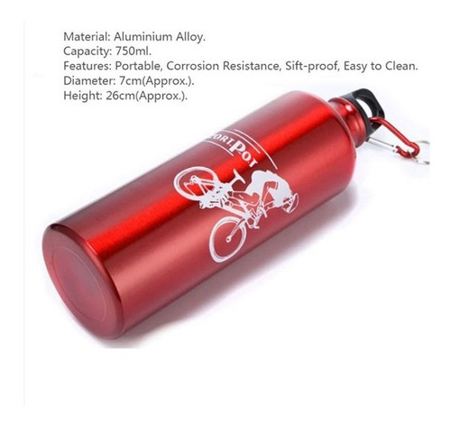 Imagen 4 de 6 de Botella Agua Deportes Aluminio Tapa Rosca 750ml Gancho