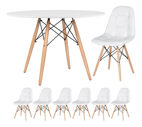 Kit Jantar Eames Mesa 120 Cm  6 Cadeiras Estofada Botone