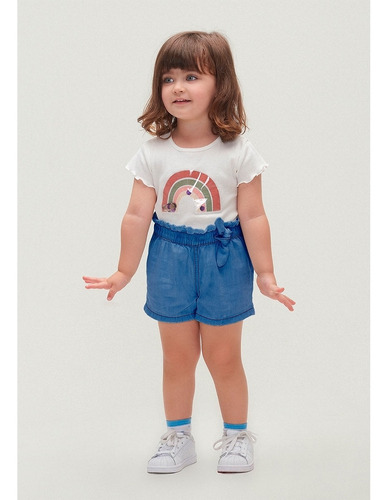 Conjunto Manga Curta Menina Algodão Shorts Jeans Hering Kids