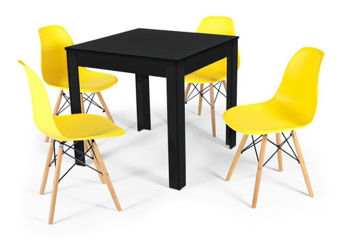 Mesa De Jantar Sofia Preta 80x80cm + 4 Cadeiras Eiffel Cor Amarelo