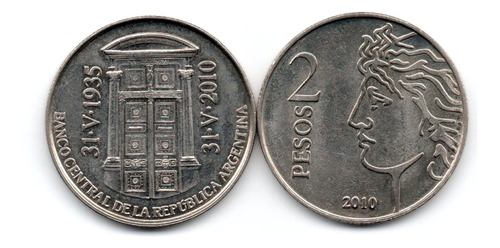 Moneda Argentina 2 Pesos 75º Anivers Bcra 2010 Conmemorativa