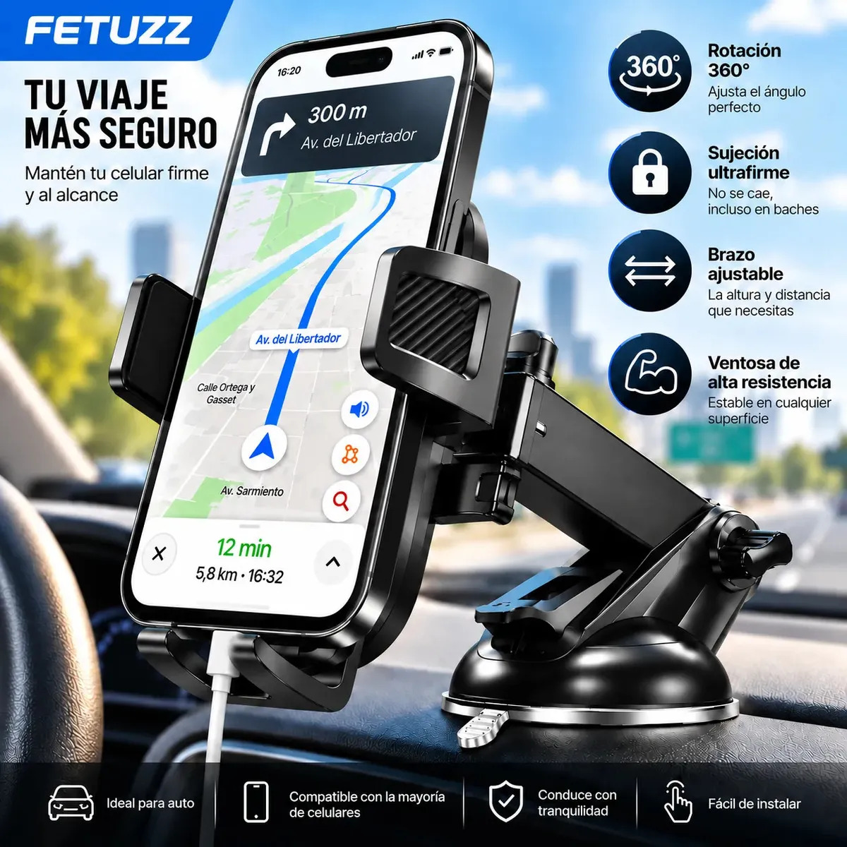 Soporte de Celular FETUZZ para Auto con Ventosa y Brazo Extensible 360°