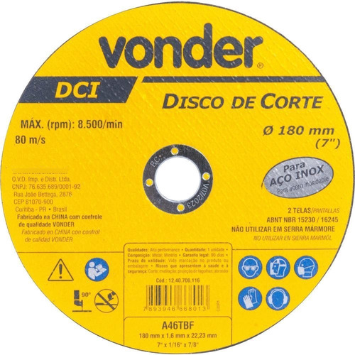 Disco De Corte 180 Mm X 1,6 Mm X 22,23 Mm Dci Inox Vonder