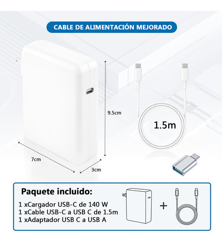 140W Cargador Tipo C Carga Rapida Cargador USB C Compatible con MacBook Pro y MacBook Air,iPad Pro Incluido 1.5m USB C Cable
