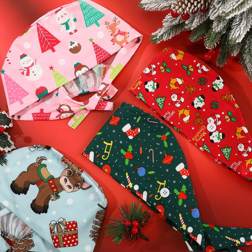 Tarpop 4 Pcs Christmas Scrub Caps Ajustable Navidad Pr...