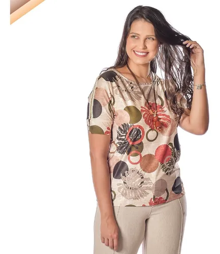 Blusa Manga Curta Malha Estampada Moda Feminina