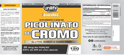 Imagem 4 de 7 de Picolinato De Cromo 120 Cápsulas 500mg Unilife Bodyage