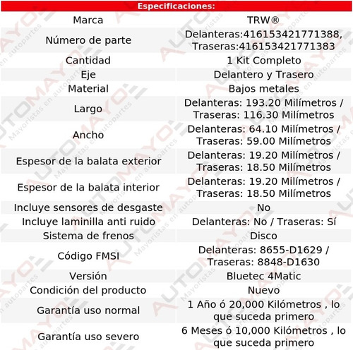 Jgo Balatas Bajos Metales Delanteras Y Traseras Ml350 12-15