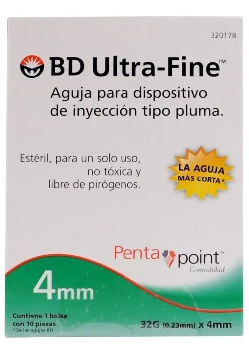 Aguja 32g X 4mm Bd Ultrafine Caja C/10pz Capacidad en volumen 0 mL Ref 320178