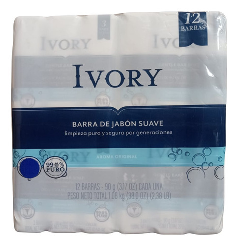 Jabón En Barra Ivory Aroma Original 12 Pzas De 90 G C/u